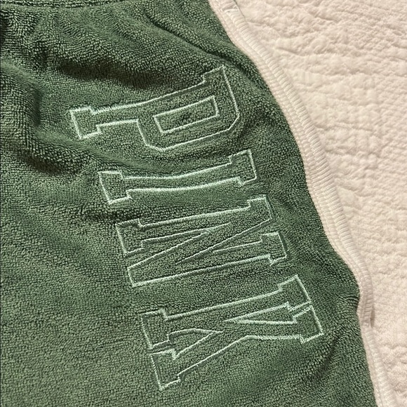 PINK Victoria's Secret Green Athletic Shorts Lightweight Terry Varsity Design. L - Picture 3 of 6